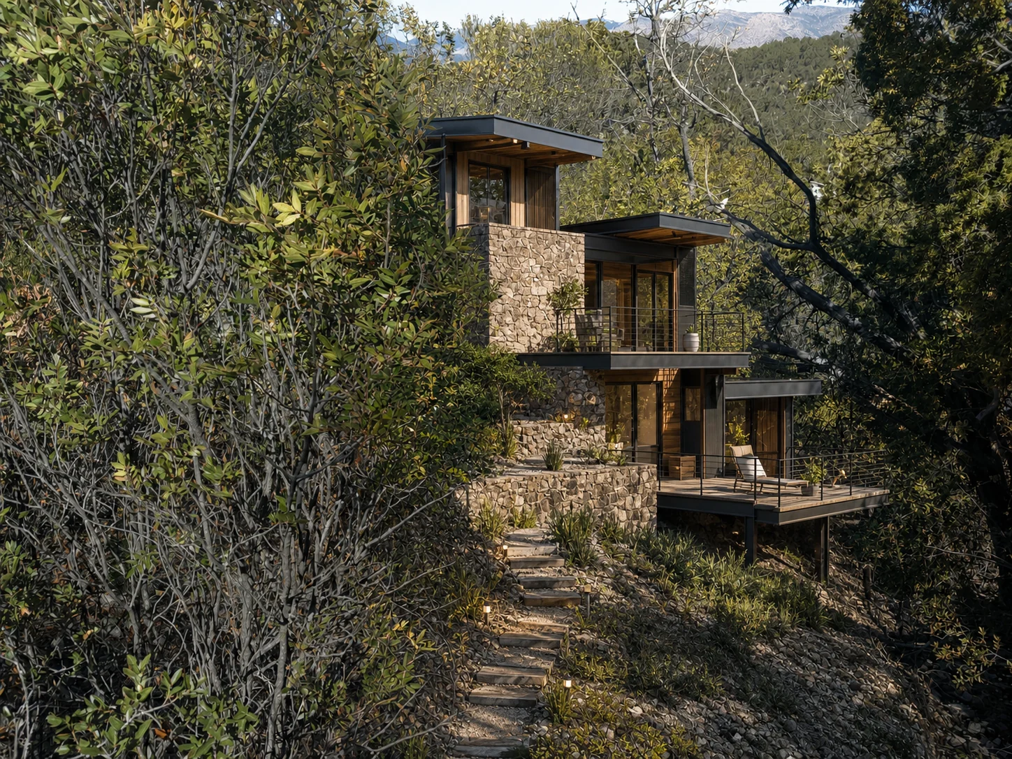 Visualización conceptual de una residencia escalonada adaptada a un terreno ascendente